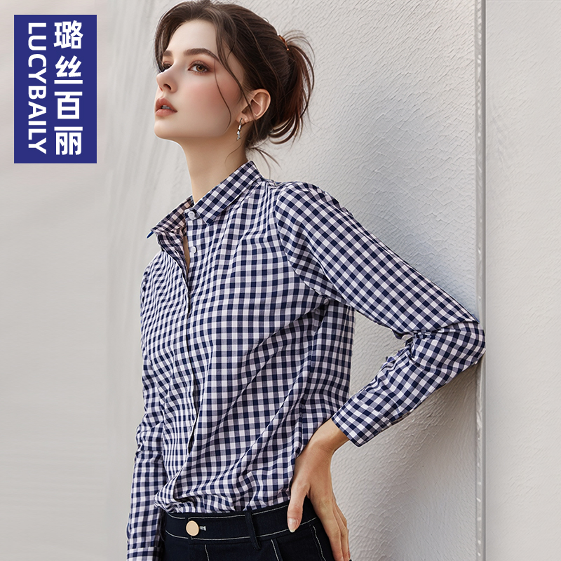 蓝白格子衬衫女长袖职业面试衬衣