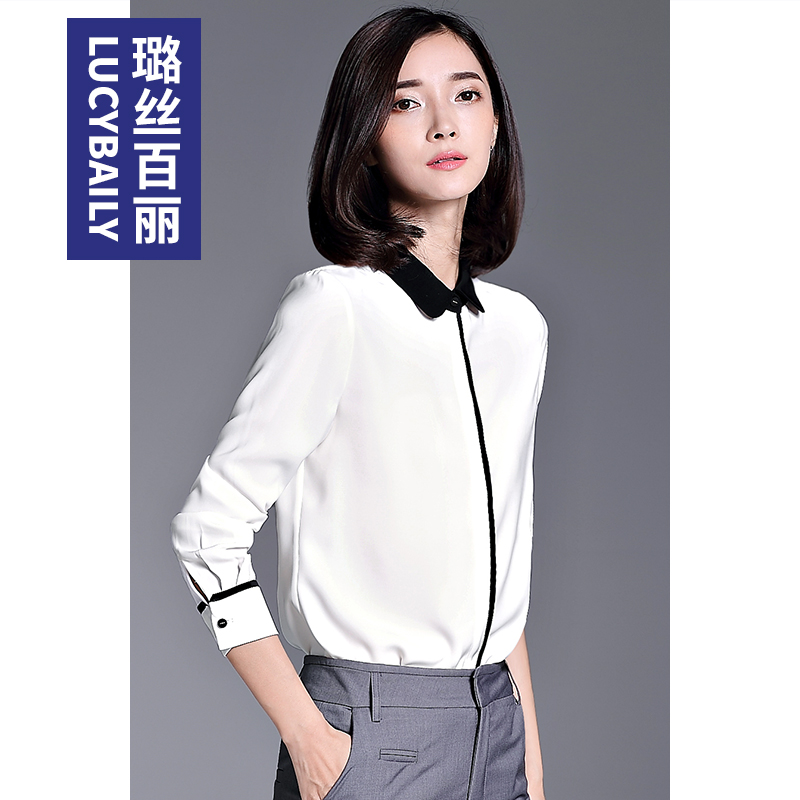 璐丝百丽白衬衫女长袖2025春秋新款娃娃领衬衣职业装女士雪纺上衣