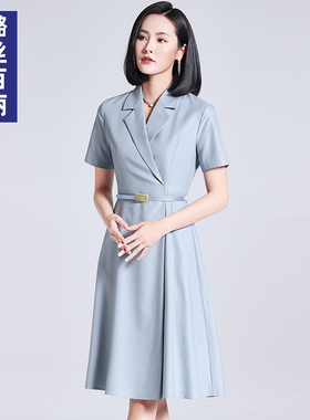 高端职业连衣裙短袖夏季气质女神范面试西装领职场通勤蓝色中长款