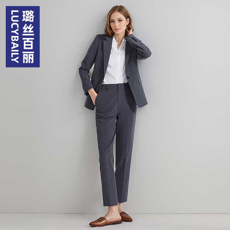 璐丝百丽灰色西装套装女秋职业装气质通勤公务员正装面试工作服