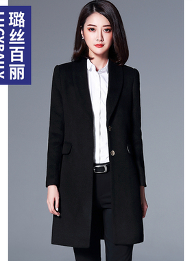 璐丝百丽黑色羊毛呢大衣女中长款2026新款时尚秋冬款职业呢子外套