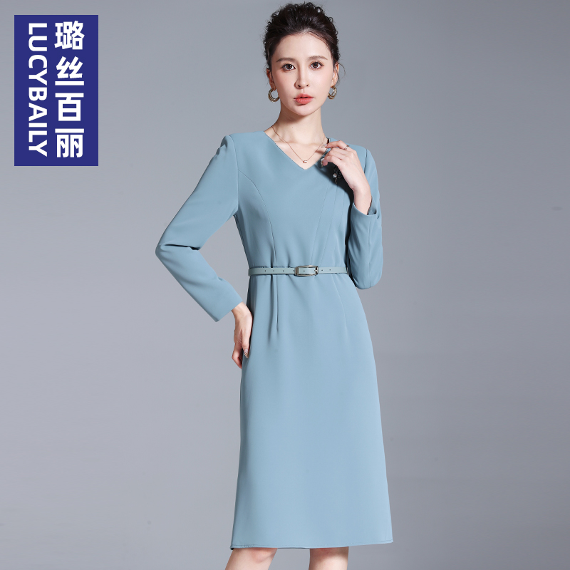 职业黑色v领连衣裙女长袖高端