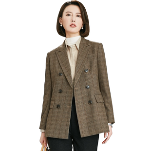 浅咖色格子西装外套女春秋羊毛西服英伦风复古职业气质高端上衣