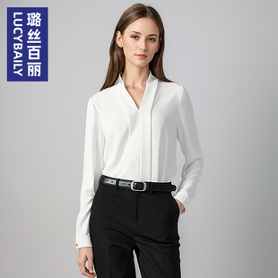 璐丝百丽白色V领雪纺长袖衬衫女垂感显瘦公务员面试职业衬衣通勤