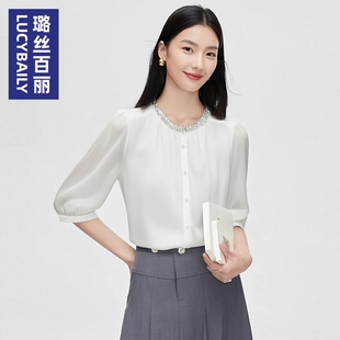 雪纺衬衫女2025新款白色中袖圆领夏款垂感高级职业上衣七分袖衬衣