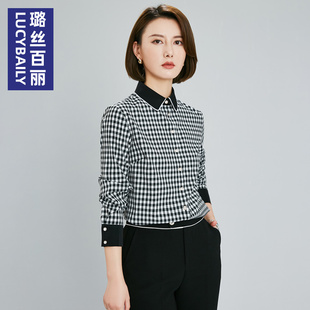 洋气打底职业上衣 璐丝百丽黑白格子衬衫 女长袖 春秋法式 ol衬衣时尚