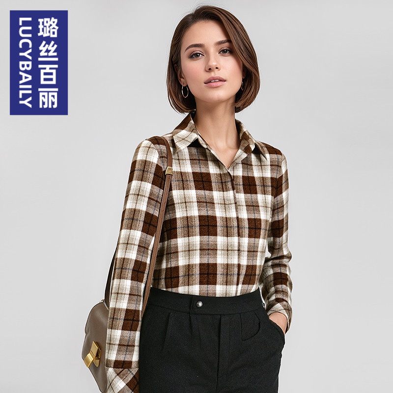 2025新款衬衣OL通勤女士高级感上衣春秋季简约时尚磨毛格纹衬衫