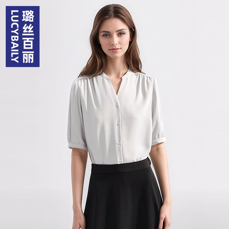 璐丝百丽时尚衬衫女V领衬衣商务通勤职业OL短袖2025新款上衣气质