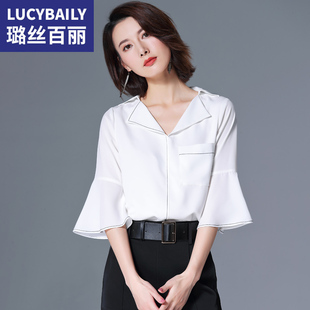 荷叶喇叭袖 雪纺上衣女七分袖 设计感小众夏洋气时尚 短袖 衬衣 白衬衫