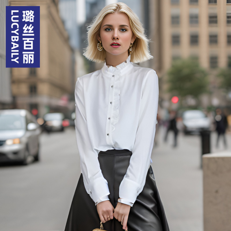 璐丝百丽高级感荷叶领内搭雪纺时尚设计感外穿气质通勤长袖衬衫女
