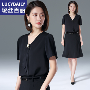 套装 衬衫 夏雪纺时尚 黑色短袖 套裙ol工作服 2019新款 璐丝百丽职业装