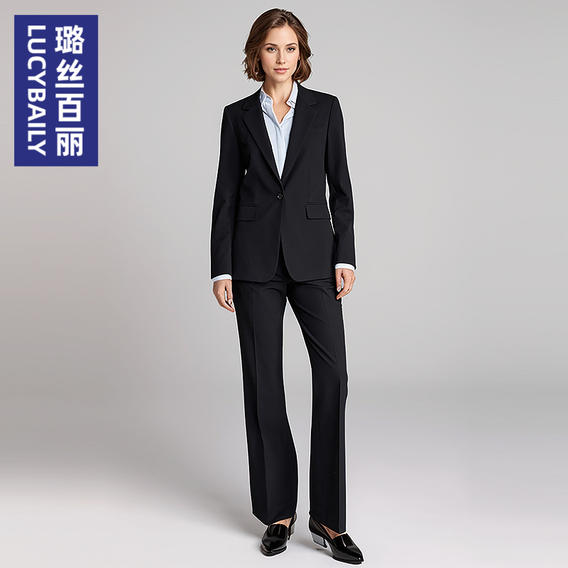 璐丝百丽黑色正装套装女秋大学生公务员面试职业装中长款西装外套