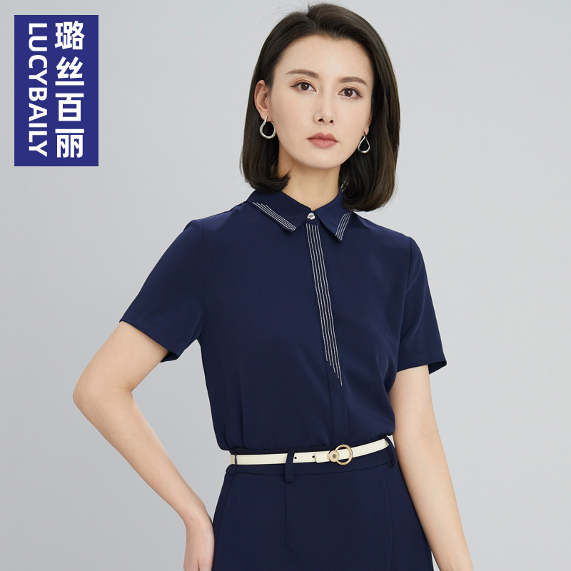璐丝百丽藏蓝色刺绣衬衫女雪纺短袖上衣夏设计感小众洋气职业衬衣