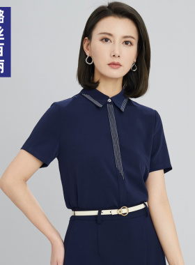 璐丝百丽藏蓝色刺绣衬衫女雪纺短袖上衣夏设计感小众洋气职业衬衣