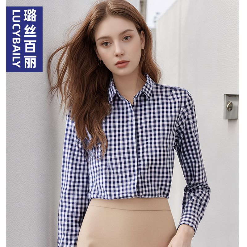 蓝白格子衬衫女长袖职业面试衬衣