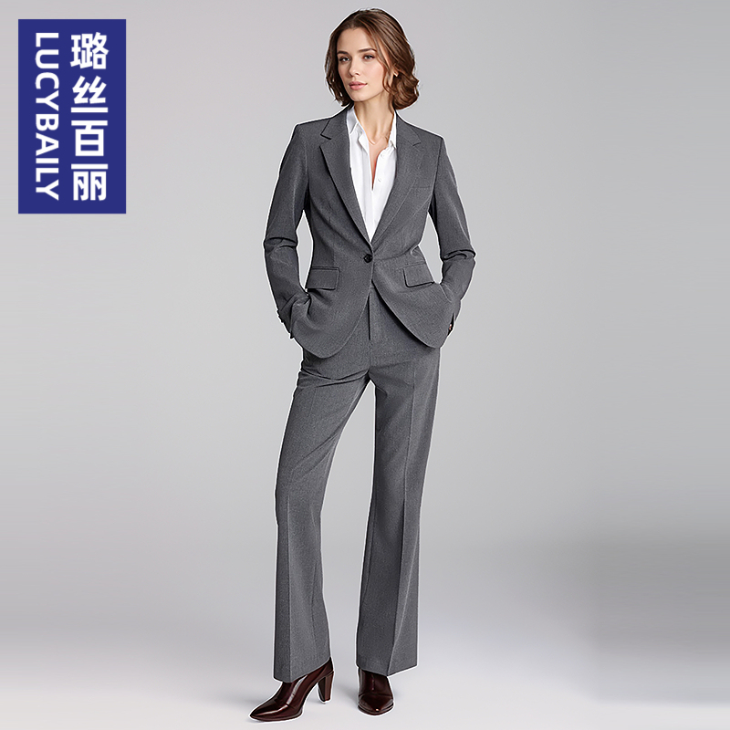 璐丝百丽灰色西装套装女正式场合职业装小个子面试正装西服外套