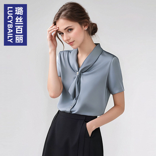 系带领垂感遮肚显瘦上衣 2025夏职业新款 灰蓝色飘带雪纺衬衫 女短袖