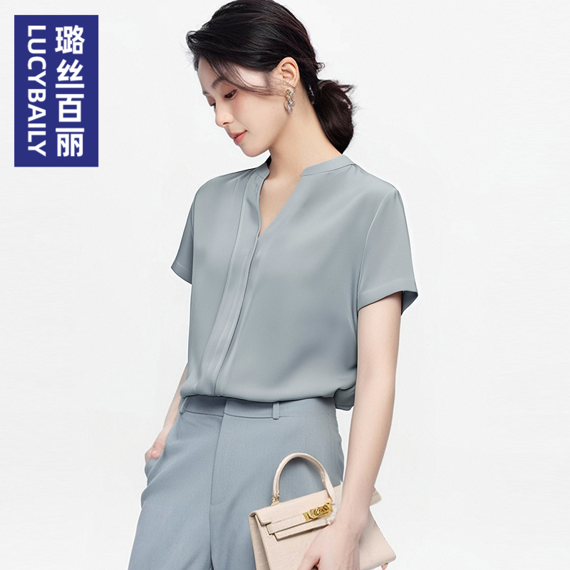 璐丝百丽2025新款女士短袖V领时尚潮流衬衫百搭通勤职业OL上衣