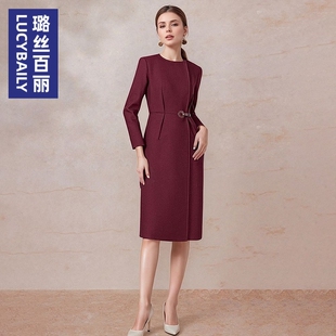 优雅通勤风酒红色连衣裙女收腰显瘦气质高级感轻奢女装春秋季面试