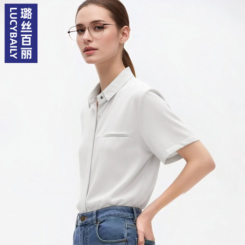 璐丝百丽白色翻领衬衫女短袖通勤OL职场穿搭商务风上衣2026新款