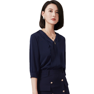 七分袖女衬衫藏蓝色V领雪纺2026新款遮肚中袖职业高端短袖衬衣