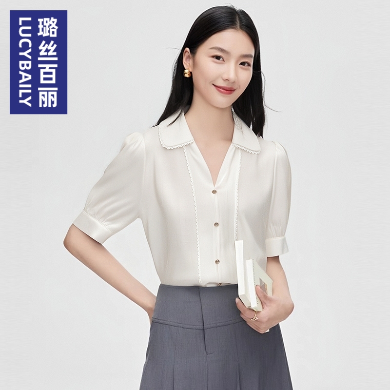 璐丝百丽法式短袖V领衬衫女2025新款高级感教师面试通勤职业上衣