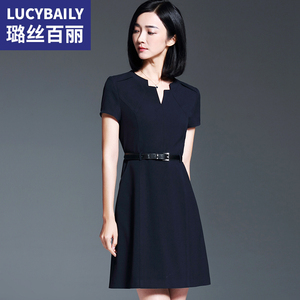 璐丝百丽藏蓝色连衣裙女短袖2026夏季新款黑色面试职业正装裙子