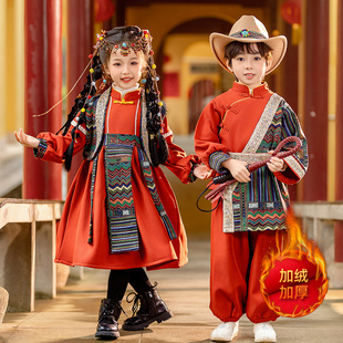 儿童名族风服饰秋冬季加绒套装女童少数民族服装男童壮族苗族演出