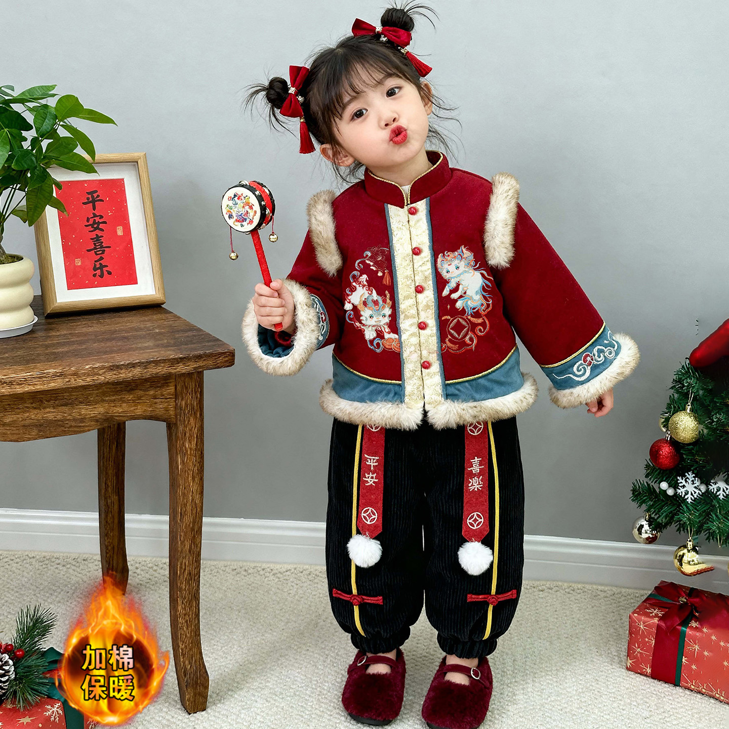 新中式女童唐装拜年服汉服套装冬