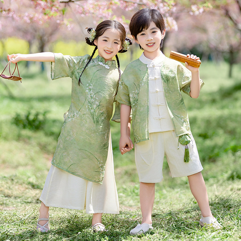 2026新款国风女童旗袍汉服男童唐装短袖套装夏季薄款男孩古装演出