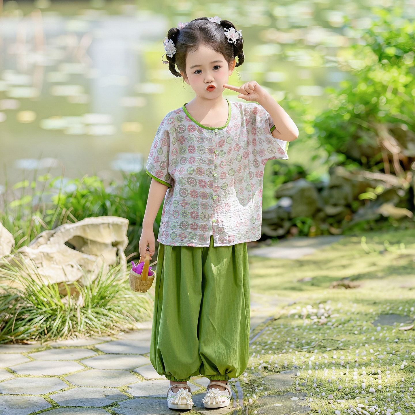 唐制汉服女童短袖套装小女孩唐朝圆领褙子儿童唐装夏季薄款新中式