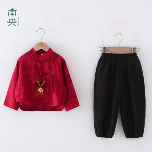 南央童装唐装儿童中国风高级汉服男童套装春秋季薄款男孩中式红色
