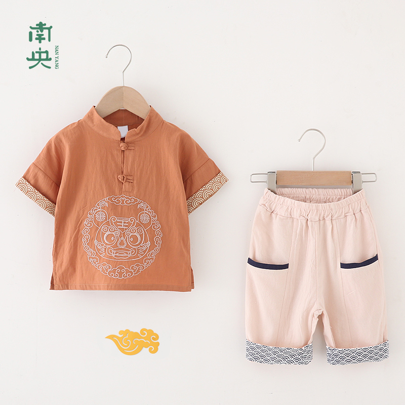 儿童汉服男童夏季薄款宝宝棉麻套装男孩短袖唐装古装国学服民族风