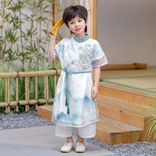 儿童汉服男童夏季短袖套装男孩宋制长袍中国风宝宝古装走秀演出服