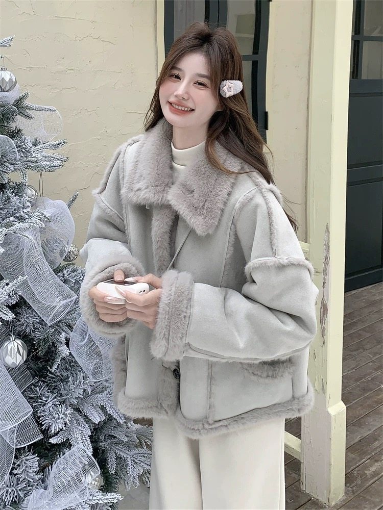 小个子麂皮绒外套女2026秋冬 韩版宽松高级感皮毛一体加厚上衣