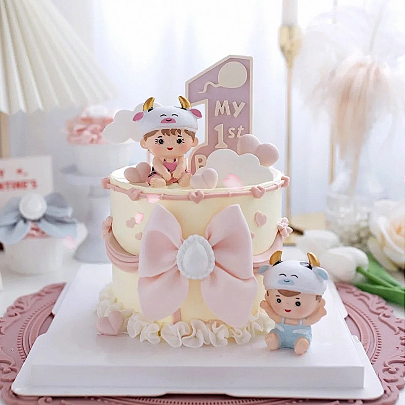 双胞胎蛋糕装饰摆件小牛宝宝一周岁生日蛋糕插件男孩女孩可爱摆件