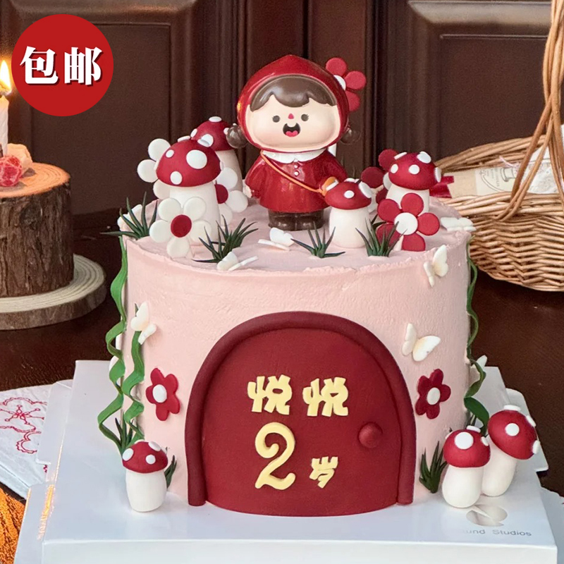 蘑菇小镇蛋糕小红帽女孩摆件
