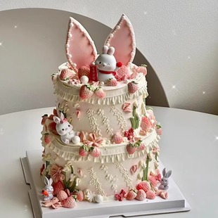 网红可爱蛋糕装 饰小白兔小兔子摆件兔耳朵插牌女孩生日甜品台插件