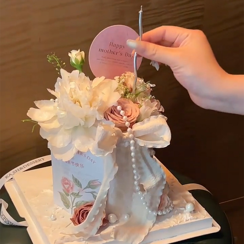 母亲节快乐蛋糕装饰仿真花康乃馨爱心卡片插件珍珠蝴蝶结褶皱丝带