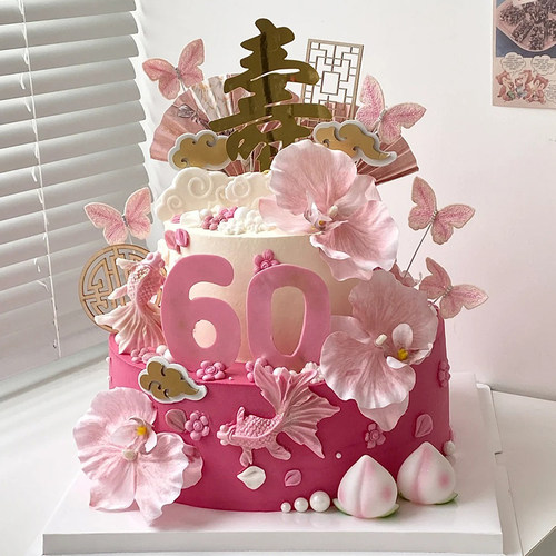 网红粉色蝴蝶兰祝寿蛋糕装饰