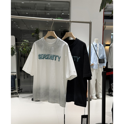 重工铆钉装饰立体字母印花渐变短袖T恤复古做旧宽松休闲高街上衣T