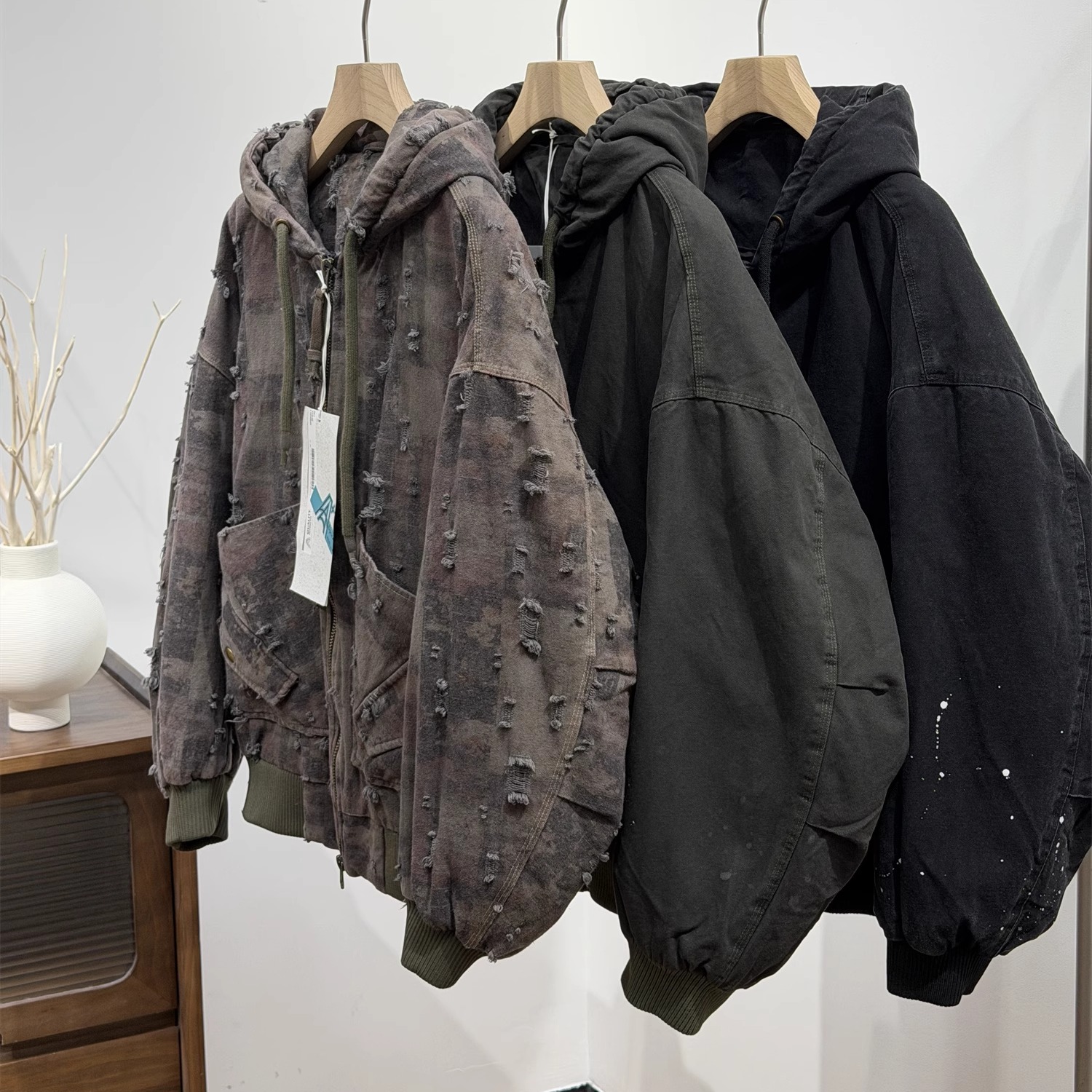 格子磨破复古做旧连帽工装90白鸭绒羽绒服男冬季加厚羽绒衣外套潮