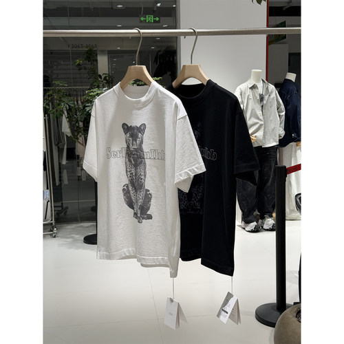 IHB夏季新品动物黑豹印花短袖T恤男女宽松圆领重磅纯棉情侣半袖T