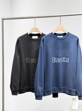 2025年秋冬新款韩系通勤纯色净版宽松卫衣男蓝色字母印花休闲上衣