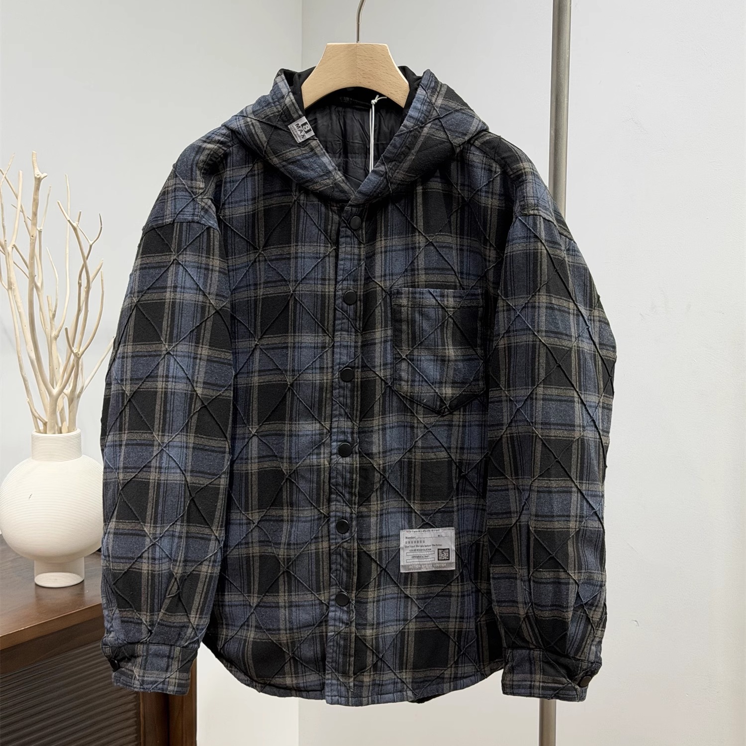 日系复古蓝色格子90白鸭绒连帽羽绒服男女冬季新款保暖羽绒衣外套