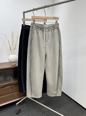 韩系通勤加绒加厚运动卫裤男女通用宽松阔腿拖地休闲裤灰色条纹裤