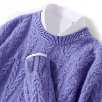 套头羊毛圆领麻花毛衣纯羊毛