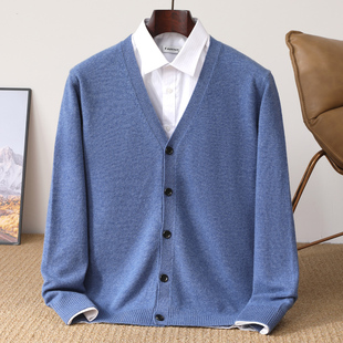 100%纯羊毛开衫男毛衣秋装外套开口羊毛衫男士薄款全毛针织开衫