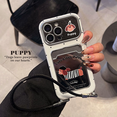 贴皮大视窗镜面卡包适用苹果17手机壳波点条纹狗iPhone13插卡壳16