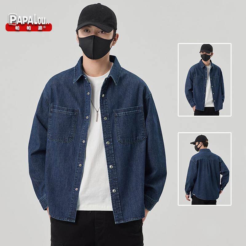 PAPALOU牛仔长袖衬衫男2026年春季美式复古青年翻领衬衣春秋外套